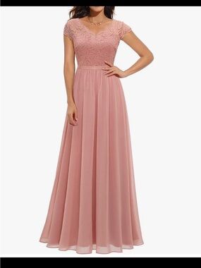 Blush Lace-Top Maxi Dress with Cap Sleeves